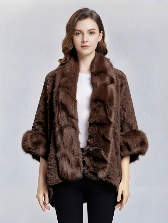 Premium Faux Fur Cape with Rose Imprints & Sleeves Premium Faux Fur Cape with Rose Imprints & Sleeves